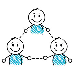 Three stick figures connected by dashed lines in a triangle