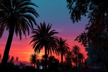 Obraz premium Silhouettes of palm trees against a vibrant sunset with hues of orange, pink, and purple illuminating the evening sky