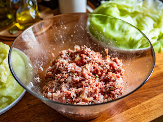 Ingredients to stuffed cabbages on wooden table - polish cuisine golabki