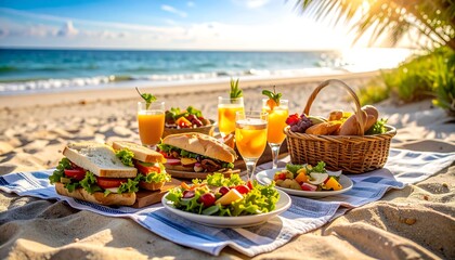 Beach picnic with sandwiches, salads, fruit, and drinks at sunset