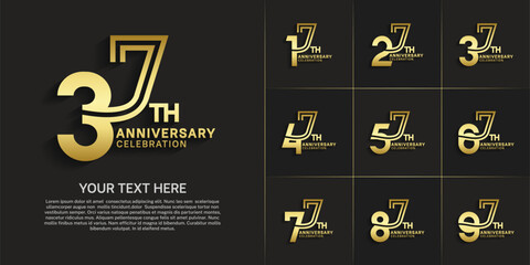 Anniversary logo style double line number set. gold color on black background for celebration event