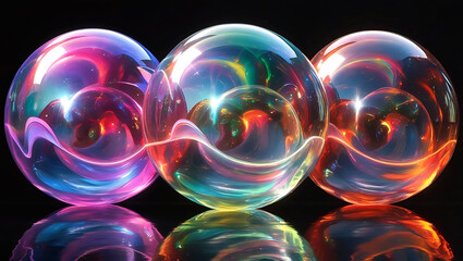 Three Vibrant Swirling Orbs Reflecting Colorful Lights