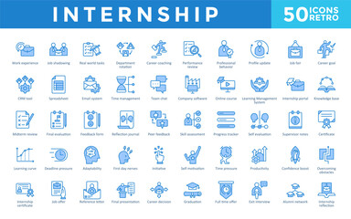 Internship icons set with work experience, job shadowing, real world tasks, department rotation, career coaching, performance review, professional behavior icon. Simple retro vector 
