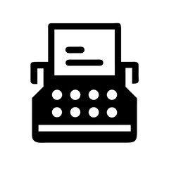 Typewriter on paper icon, classic technology for writing with distinct keys. Vintage typewriter for writing and office work, representing old technology, communication, and creativity.
