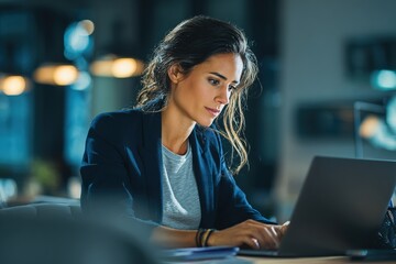 Young businesswoman professional employee using pc doing online banking analysing at workplace. Latin hispanic middle age business woman working on laptop computer in modern office. Banner, copy space
