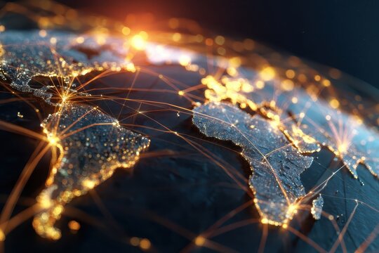 Global digitalization and interconnected trade routes transforming commerce and communication across continents in a modern world