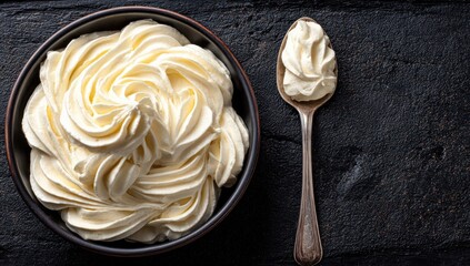 Creamy swirls fill a dark bowl, contrasted by a vintage spoon on a textured dark surface. Swirls form a delicate, edible design. Light reflects off the creamy texture