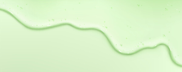 Green gel liquid drip flowing on pastel background - transparent cosmetic serum texture with smooth wavy stream, glossy skincare essence drop down. Beauty product fluid for spa wellness presentation.
