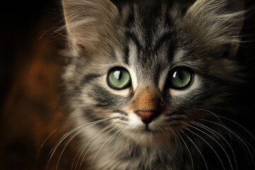 Charming kitten portrait showcases captivating green eyes and soft fur in a cozy home environment during late afternoon light