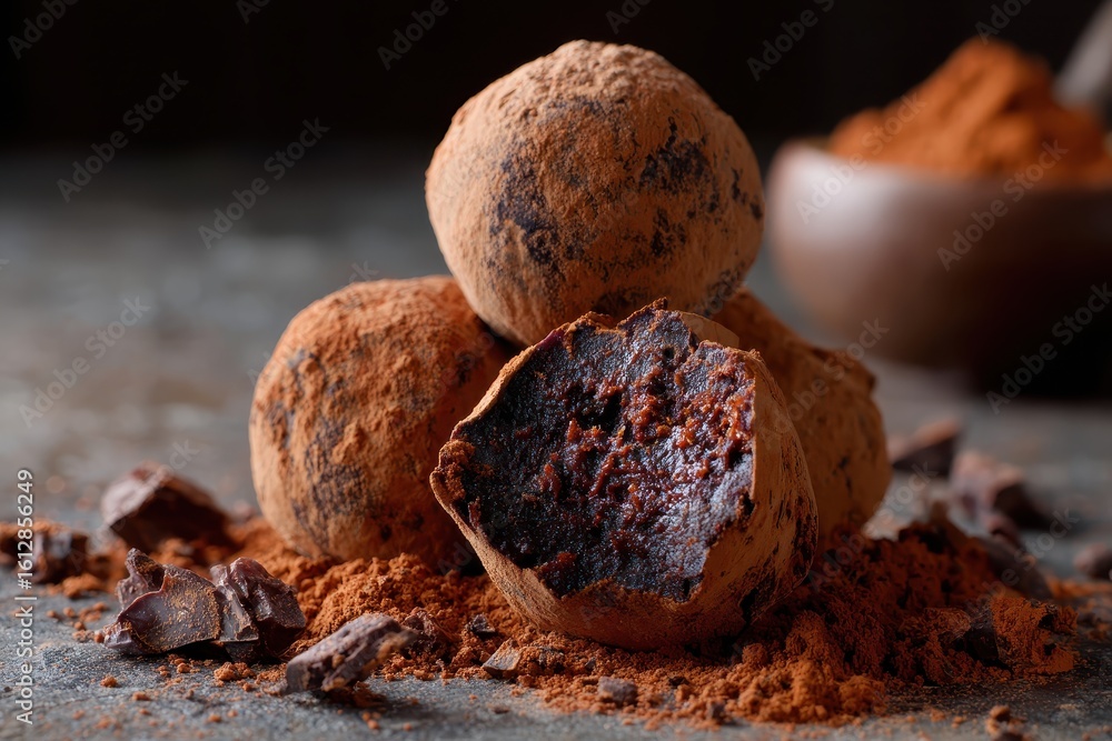 Poster homemade chocolate truffles dusted with cocoa powder on a textured surface with chocolate chunks and