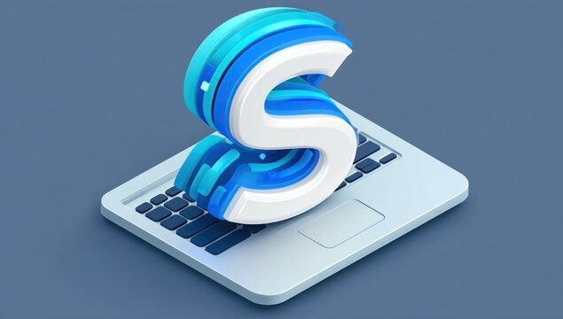 Abstract letter 'S' composed of white and blue spirals perched atop a light grey laptop on a darker blue backdrop; clean, modern design