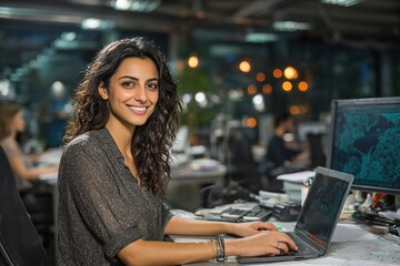 Portrait young it specialist latin hispanic business lady working on laptop pc sitting at desk in modern office smiling at camera. Middle eastern indian woman using computer technology for work online