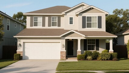 Two-story suburban home with a garage and well-maintained front yard