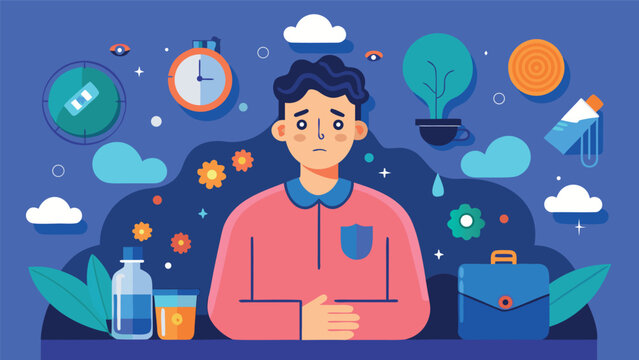 Mental health awareness illustration featuring a worried young man surrounded by symbols of anxiety and self-care activities - Powered by Adobe