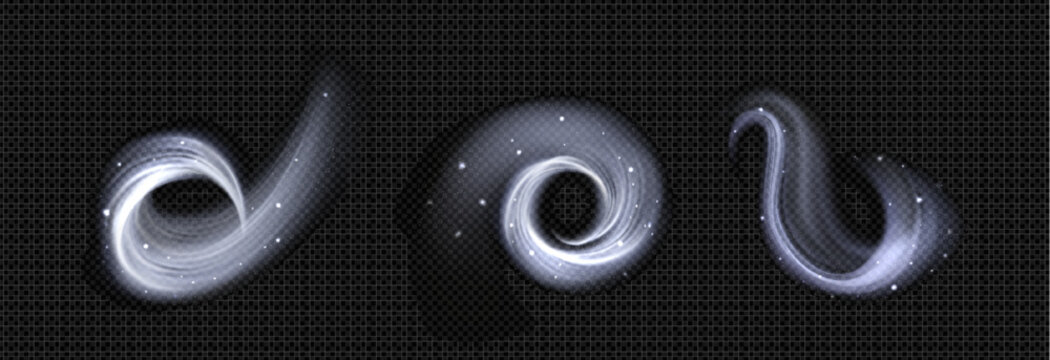 Magic wind swirls with snow particles on dark background - glowing winter spiral effects, white sparkles and cold air streams. Fantasy blizzard for game spell, mystical atmosphere and seasonal design.