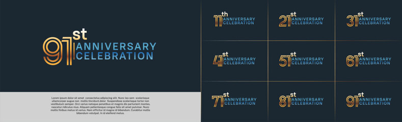Anniversary logo type set with double line number. gold and blue color for celebration event