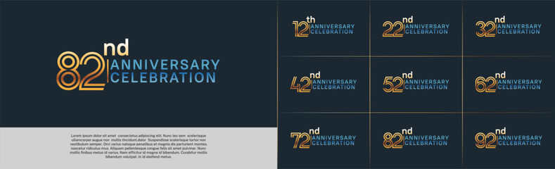 Anniversary logo type set with double line number. gold and blue color for celebration event