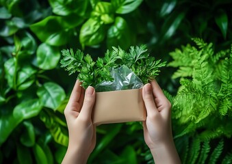 Hands Holding a Small Potted Succulent Plant Against Lush Green Foliage Background Symbolizing Growth and Nature Care