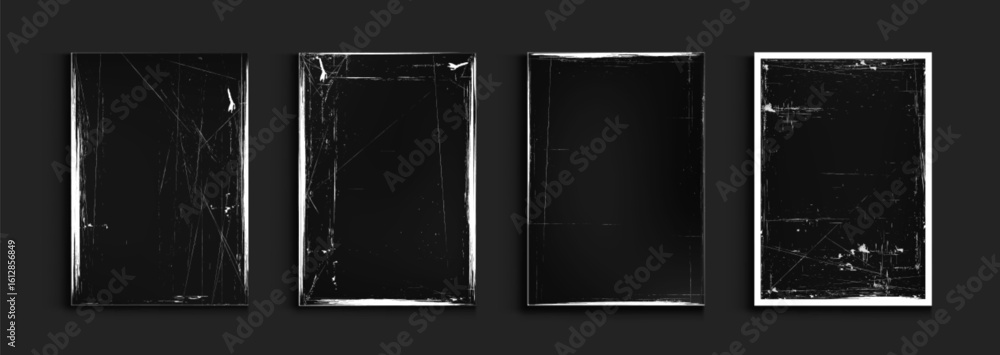 Poster worn paper frames with grunge borders on black background. vintage rectangular shapes with white dis
