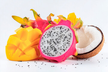 Bright slices of dragon fruit, fresh mango, and a halved coconut rest together, showcasing vibrant colors and textures, perfect for a healthy, tropical treat.