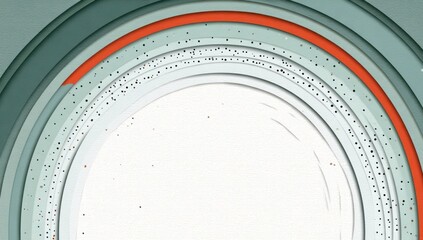 Abstract arcs. Grey-green layered semicircle shapes cascade with an orange accent amidst tiny dark specks, creating a mesmerizing, dimensional perspective into an off-white center