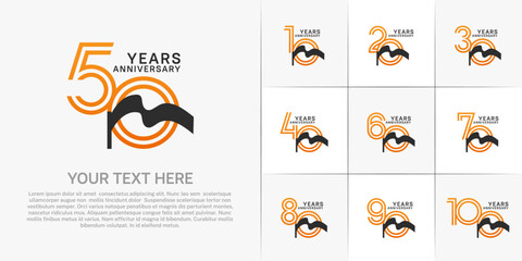 Anniversary logo type set with double line number. orange color and black ribbon for celebration event