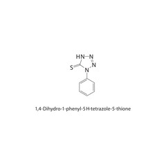 1,4-Dihydro-1-phenyl-5H-tetrazole-5-thione skeletal structure. Tetrazole Thione compound schematic illustration. Simple diagram, chemical formula.