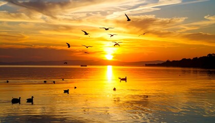 Vibrant sunset over calm water, birds in flight and ducks swimming