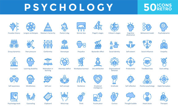 Psychology icons set with freudian theory, jungian archetypes, maslow's hierarchy, pavlov's dog, skinner box, piaget's stages, erikson's stages, cognitive dissonance icon. Simple retro vector 

