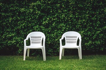 Two white plastic chairs facing a dense green hedge (3)