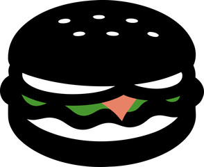 Stylized Gourmet Burger with Charcoal Bun and Graphic Toppings
