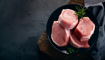 Raw fresh pork meat with peppercorns, rosemary, and spices. Uncooked. Gourmet meal preparation