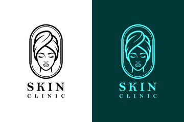 vector illustration of woman face with closed eyes wrapped in spa towel, logo for luxury facial spa, dermatologist, skin specialist, skin care, cosmetics brand, skin clinic, and more