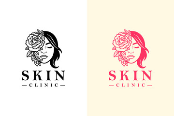 vector illustration of woman face with blooming rose on half, logo for luxury facial spa, anti aging, healthy skin, dermatologist, skin care, cosmetics brand, makeup, skin clinic, and more