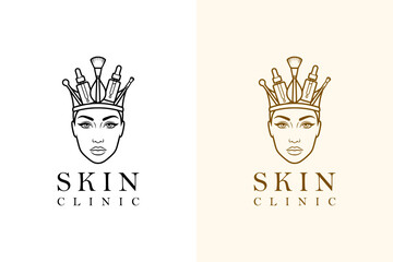 illustration of woman face with crown made of skincare tools, vector logo for cosmetics brand, skin wellness, skin clinic, dermatologist, luxury facial spa, anti aging, skin specialist, and more