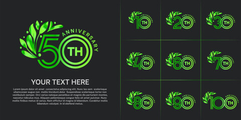 Anniversary logo type set with double line number and floral ornament. green color for celebration event
