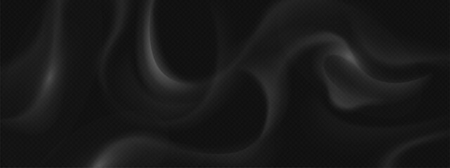 Realistic smoke overlay effects on black background - wispy gray fog streams, soft vapor clouds and atmospheric haze patterns. Transparent mist elements for dramatic photo visual compositing.