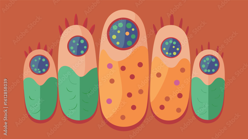Poster colorful abstract representation of microorganisms with distinctive shapes and patterns on a vibrant