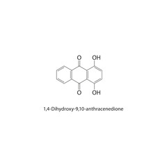 1,4-Dihydroxy-9,10-anthracenedione skeletal structure. Anthraquinone compound schematic illustration. Simple diagram, chemical formula.