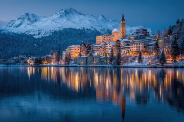 Fototapeta premium Enchanting winter landscape of Saint Moritz with majestic mountains and shimmering lake reflecting a fairy tale ambiance