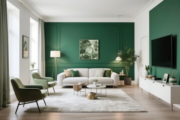 Fototapeta premium Modern living space with emerald green accent wall, featuring stylish and cozy furniture