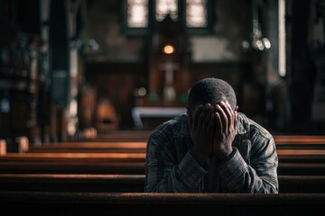 An African man covers his face while sitting in church pew. It can represent faith, grief, loneliness, or spiritual crisis.