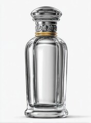 Sleek, elegant bottle. A clear glass container with vertical lines, a gold ring, and a decorative silver stopper is isolated on a white background