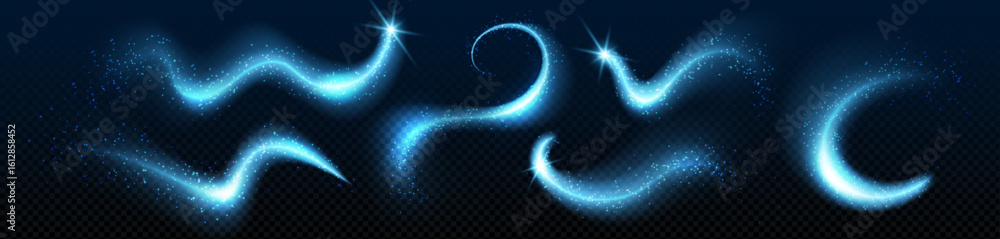 Poster magic dust fairy trails with glowing pink and blue particles swirling through darkness. luminous spa