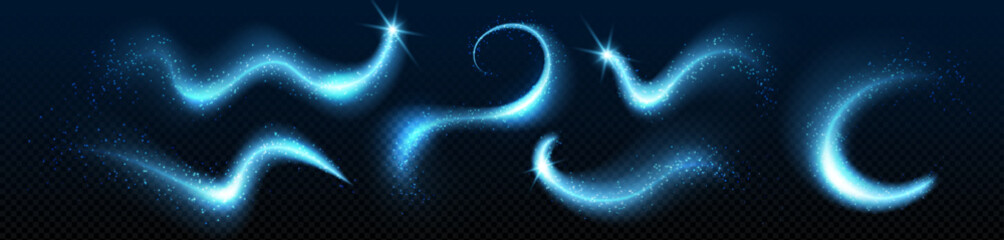 Magic dust fairy trails with glowing pink and blue particles swirling through darkness. Luminous sparkles in mystical curves. Ethereal light streams - enchanted patterns for fantasy design elements.