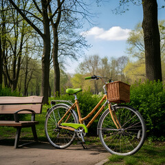 Obraz premium A bicycle with a basket is parked near a bench in a park on a sunny day.