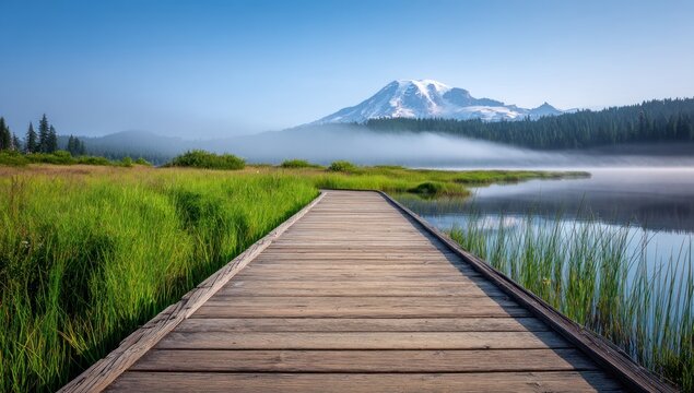 Serene landscape view features a wooden boardwalk extending over a lake toward a snow-capped mountain. Mist hovers over the water with tall grass on the lake shore. The sky is clear and blue - Powered by Adobe