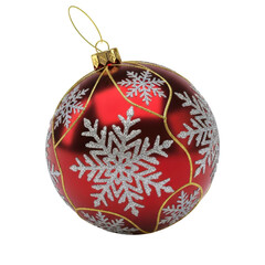 Red christmas ornament with white snowflakes isolated on transparent background