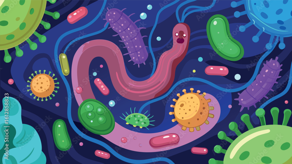 Poster colorful microscopic view of bacteria and viruses in a dark environment showcasing their unique shap