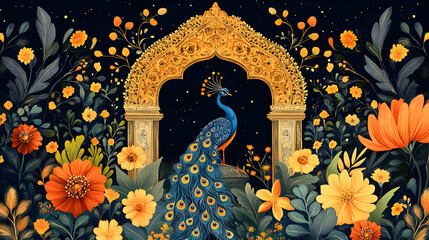 Obraz premium Floral Islamic Arch Frame with Peacocks in a Symmetrical Mughal Garden Pattern – Vector Artwork for Wedding or Festive Invitations